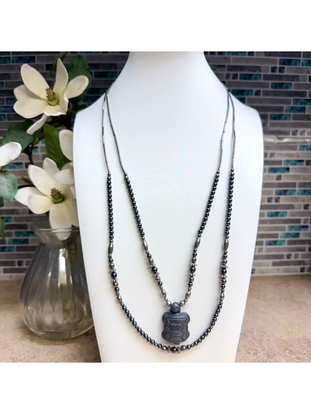 Vintage Hematite Double Strand Necklace Carved Sea Turtle Pendant Beaded